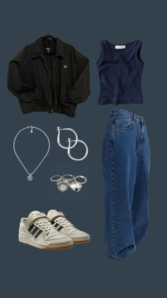 Dark blue top, blue jeans,black jacket, vintage sneakers,and silver jewelry.